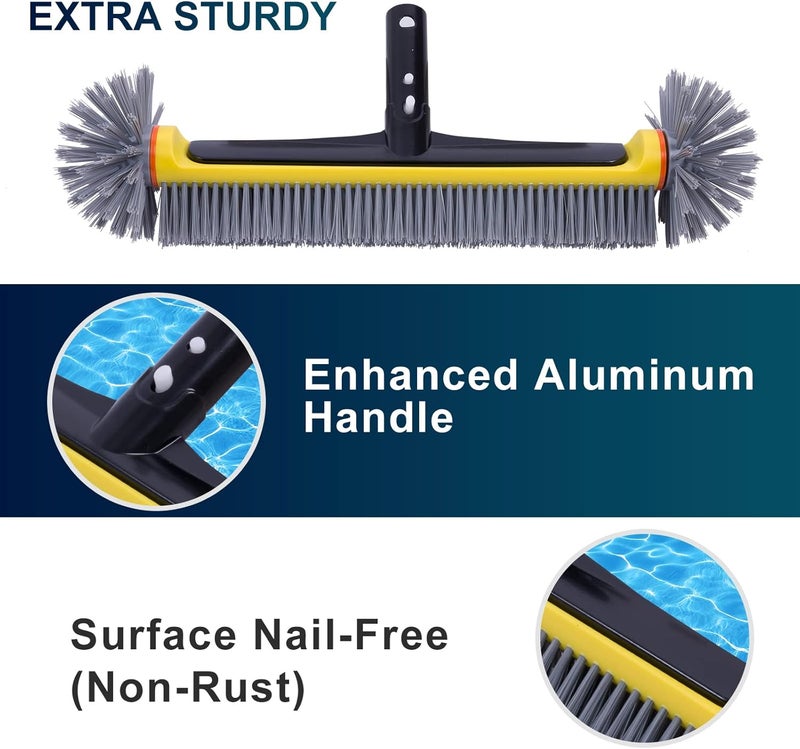 POOLAZA Pool Brush Head with Round Ends, Heavy Duty Pool Brushes for Cleaning Pool Walls, Floors Steps & Corners, 17.5" Pool Brush with Sturdy Aluminum Handle & Durable Nylon Bristles (Yellow) - Image 4